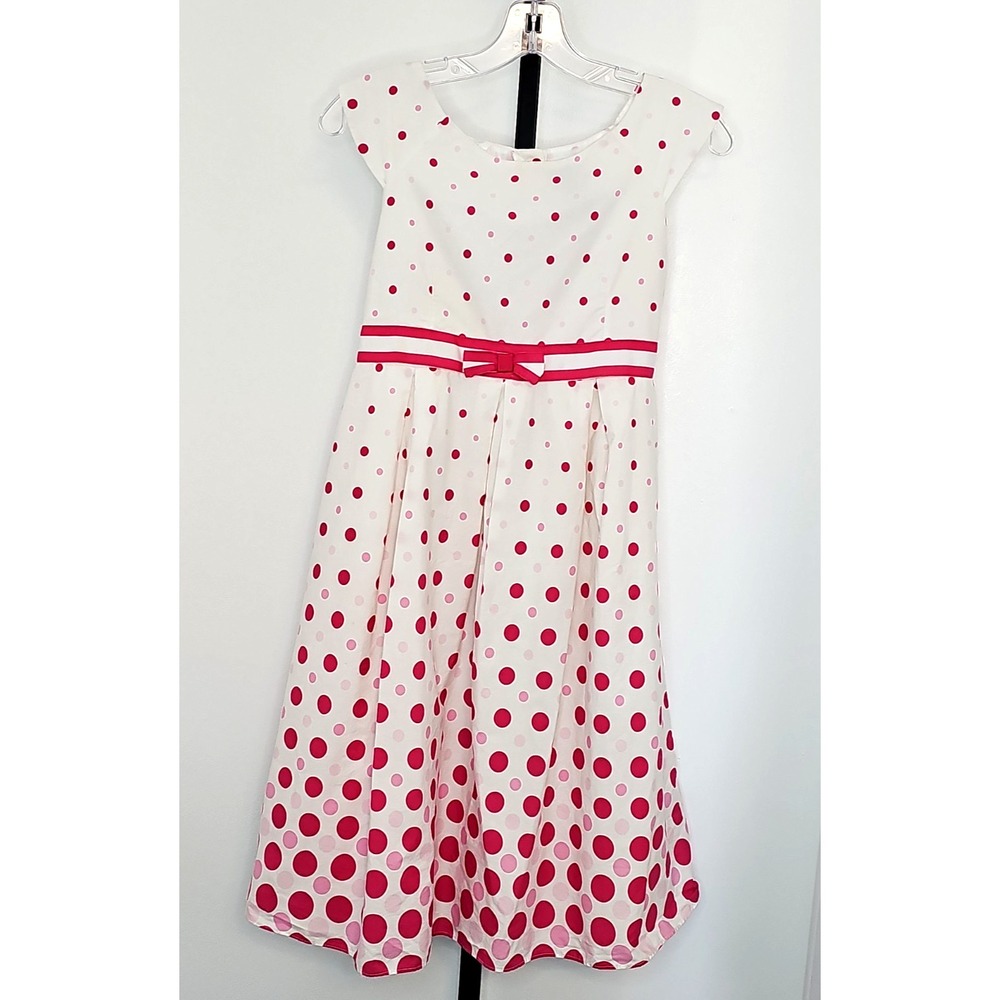 Nina Girls White Pink Polka Dot Party Dress Size 14 Petticoat Lined Bow Tie Back